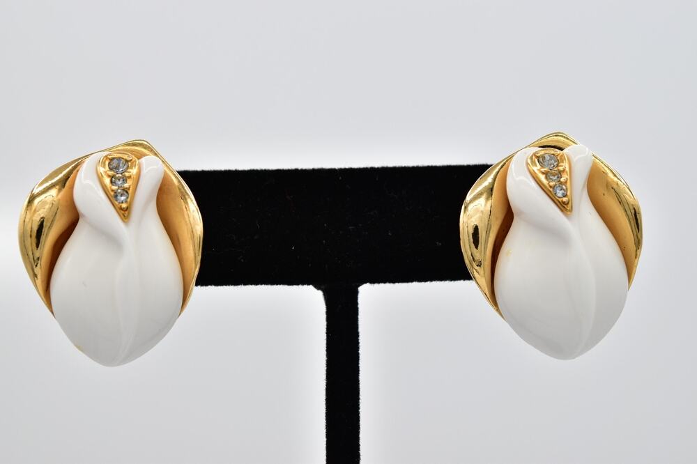 KJL for Avon Vintage White Tulip Rhinestone Statement Earrings Signed 80s BinAZ